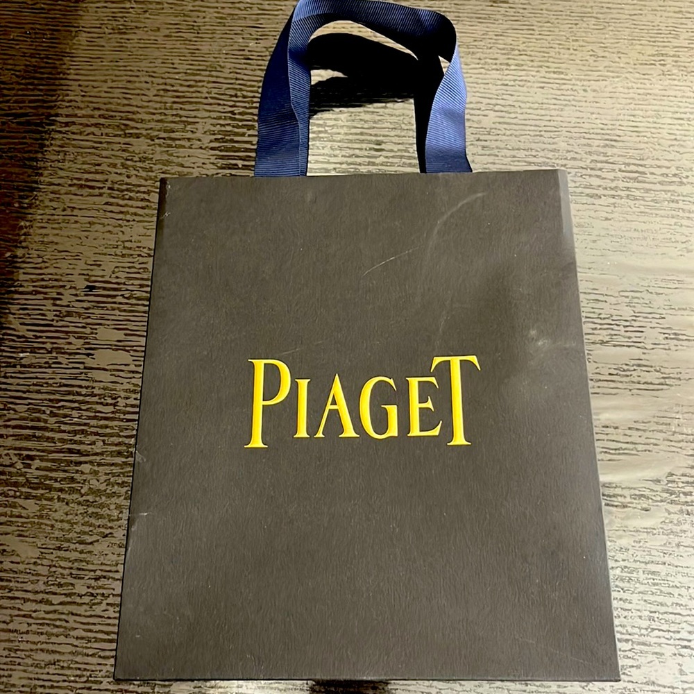 Piaget bag. Black & gold with navy satin luxury ribbon handle! Holiday pick🎁